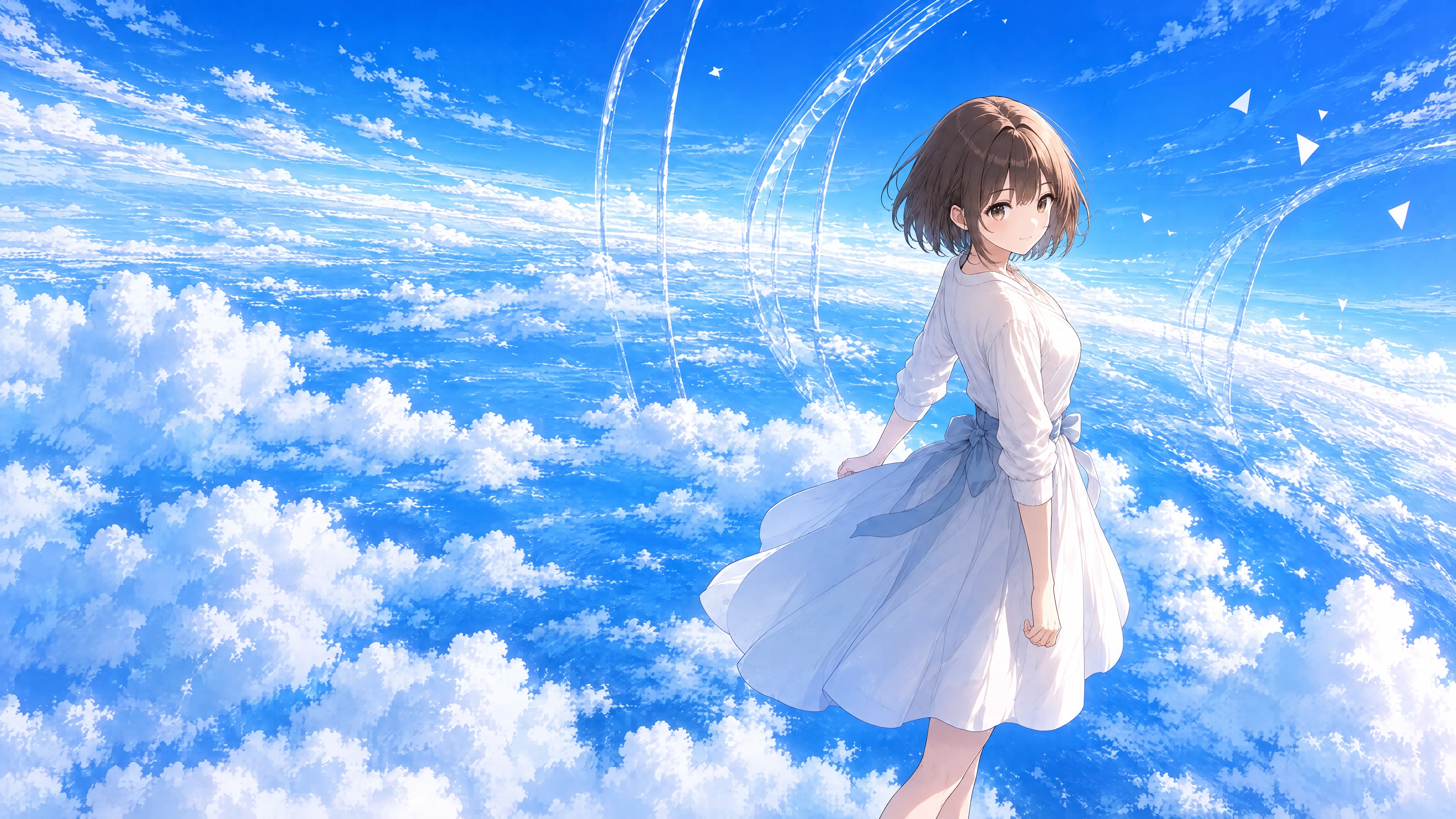 青い空と雲の上に立つ、白いドレスの人物