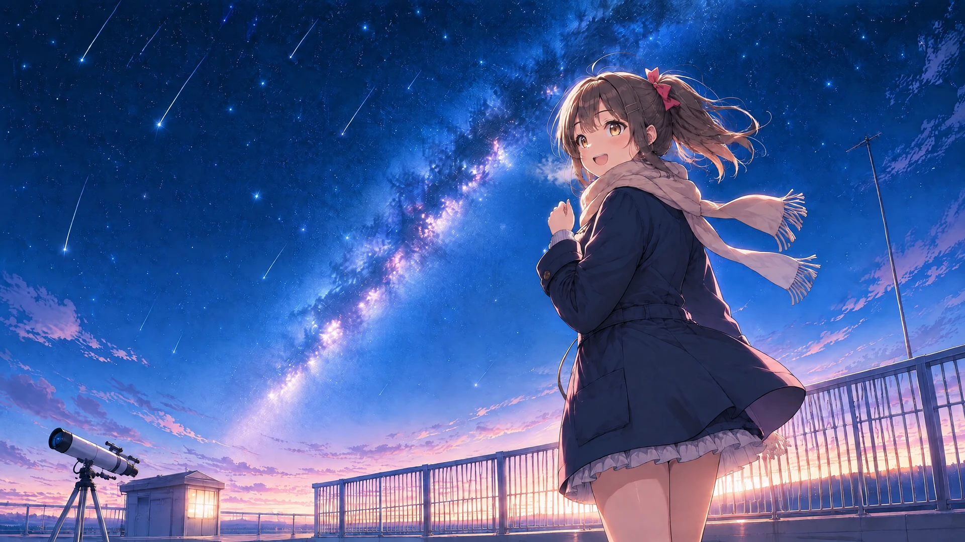 天文台の人物と広がる青い星空